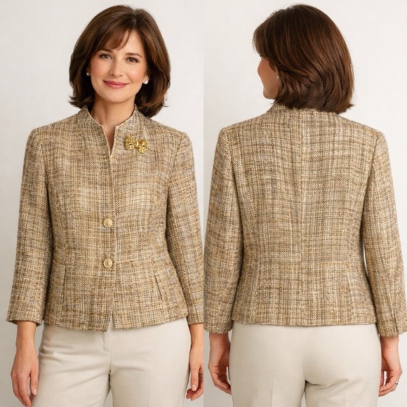 Talbots Jackets & Blazers - Vintage Talbots Petites 8P Tan Tweed Jacket Made in USA Italian Fabric Brooch